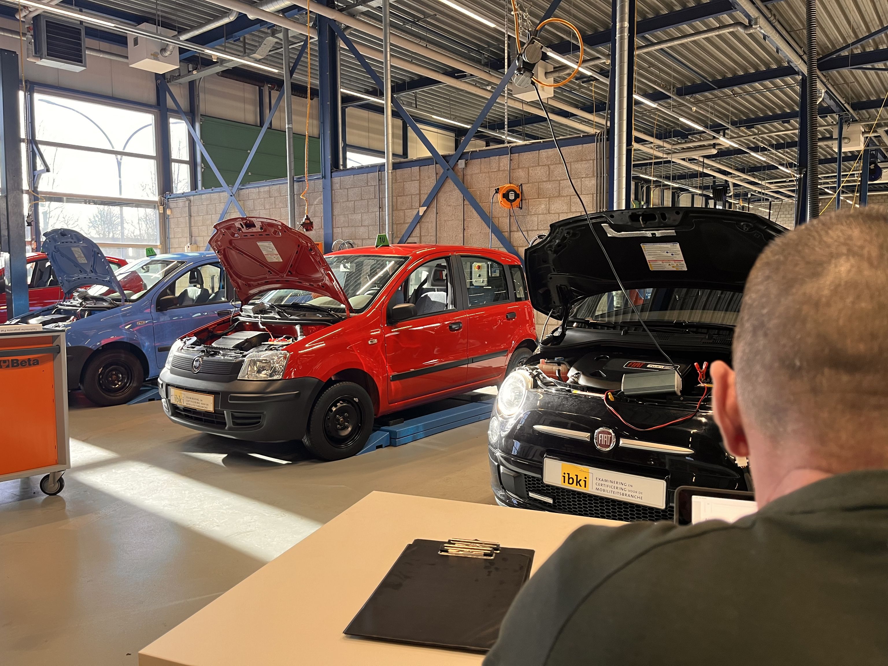 Drie personenauto's op rij met open motorkap. Op de voorgrond een examinator.